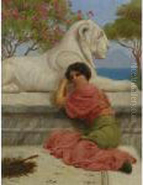 Seated Woman With Stone Lion Oil Painting by John William Godward