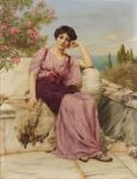 Sur La Terrasse, Elegante Aux Lauriers Roses Oil Painting by John William Godward