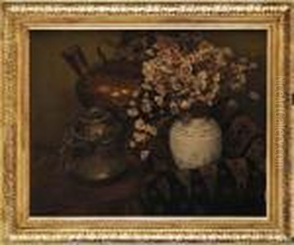 Nature Morte Au Bouquet De Fleurs Seches Et Cuivre by Norbert Goeneutte