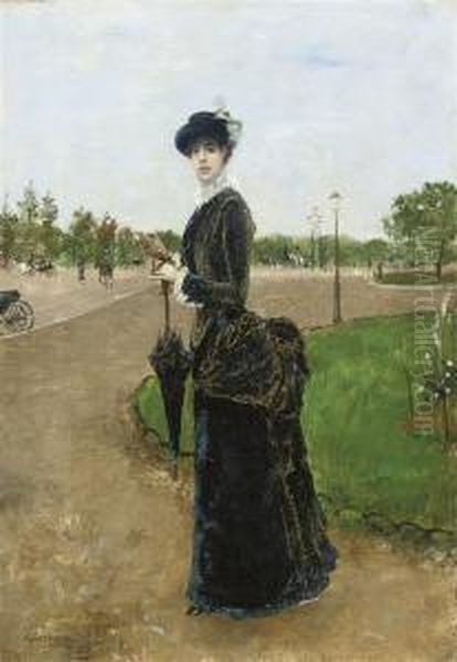 Femme Elegante A L'entree Du Bois De Boulogne Oil Painting by Norbert Goeneutte