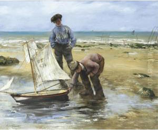 Enfants Jouant Sur La Plage Oil Painting by Norbert Goeneutte