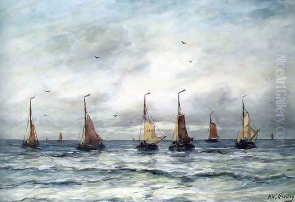 A Fishing Fleet Oil Painting by Hendrik Willem Mesdag