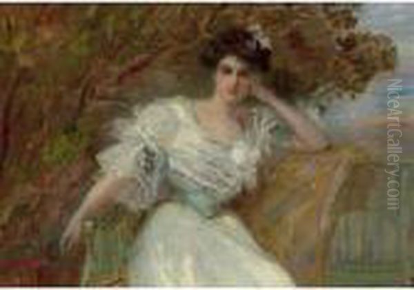 Nathalie Goeneutte En Robe Blanche Oil Painting by Norbert Goeneutte