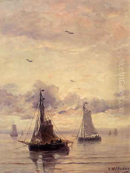 Evening Anchorage Oil Painting by Hendrik Willem Mesdag