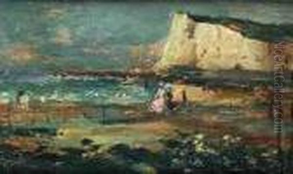 < Sur La Plage, Le Treport >. Oil Painting by Norbert Goeneutte