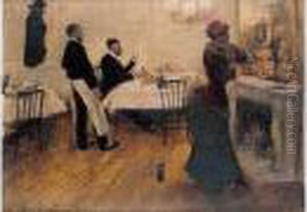 Au Restaurant Oil Painting by Norbert Goeneutte