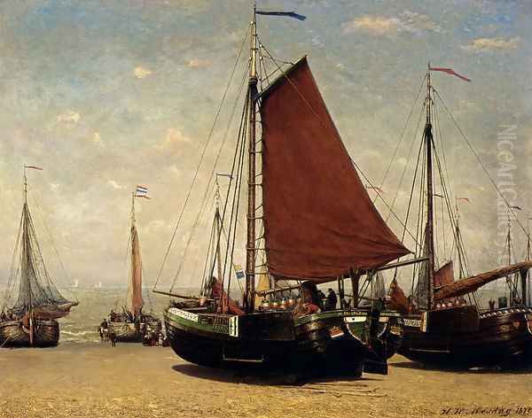 The Bomschuit Prinses Sophie On The Beach, Scheveningen Oil Painting by Hendrik Willem Mesdag