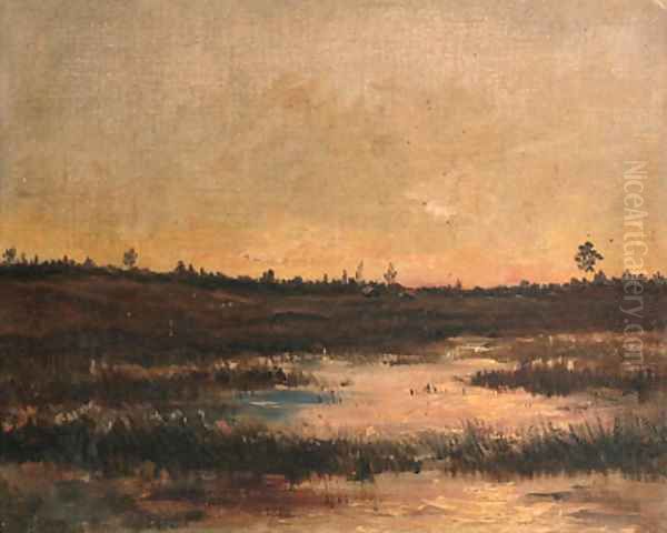 An evening view of a boggy landscape in Drente Oil Painting by Hendrik Willem Mesdag