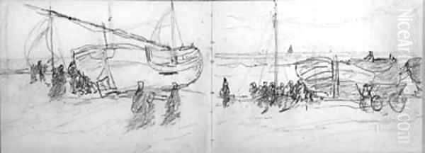 A sketchbook containing 25 studies of the fishing fleet of Scheveningen, figures, skies, all executed in pencil signed on the flap HW Mesdag and two p Oil Painting by Hendrik Willem Mesdag