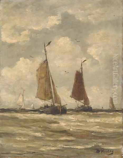 Bomschuiten at sea, Scheveningen Oil Painting by Hendrik Willem Mesdag