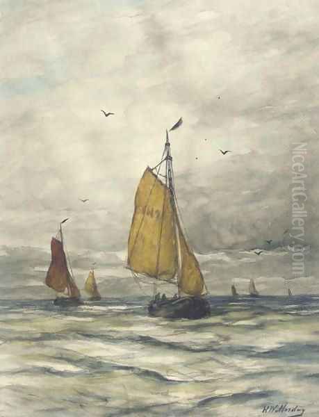 Bomschuiten on open sea Oil Painting by Hendrik Willem Mesdag