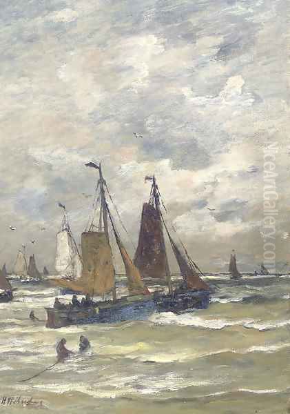 'Bomschuiten' in the surf 2 Oil Painting by Hendrik Willem Mesdag