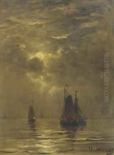 Bomschuiten setting out by moonlight Oil Painting by Hendrik Willem Mesdag