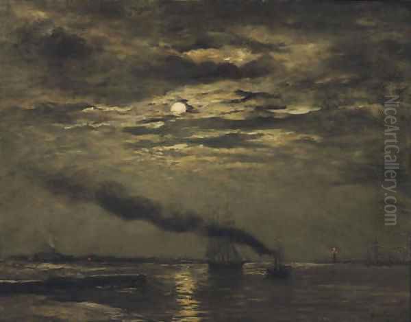 Maaneffect entering the harbour by moonlight Oil Painting by Hendrik Willem Mesdag