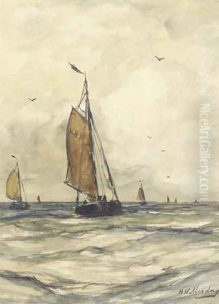 Sailing vessels at sea by Scheveningen Oil Painting by Hendrik Willem Mesdag