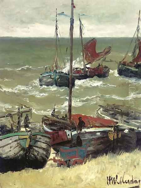 Terugkerende vissersschepen Bomschuiten by the coast Oil Painting by Hendrik Willem Mesdag