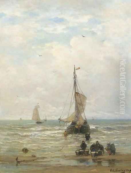 Unloading the catch in the surf Oil Painting by Hendrik Willem Mesdag