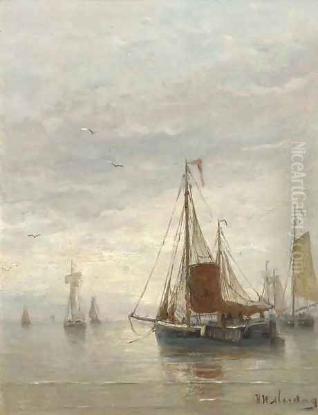 Voor anker Bomschuiten at the break of dawn Oil Painting by Hendrik Willem Mesdag