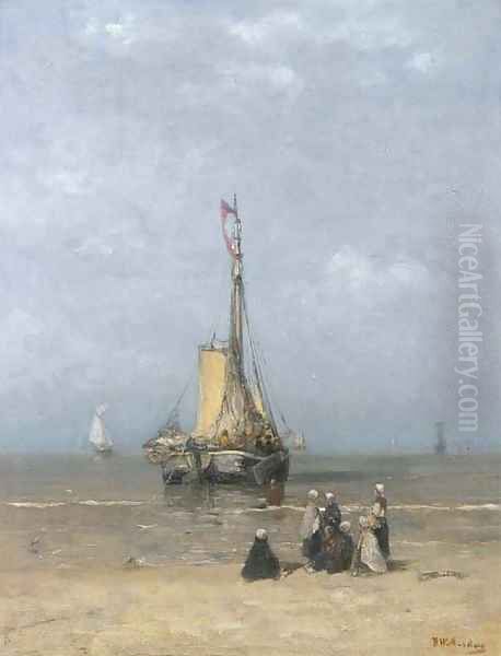 A Bomschuit in the breakers on a calm day Oil Painting by Hendrik Willem Mesdag