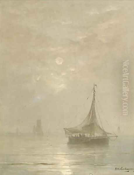 A calm bomschuiten at sea on a hazy afternoon Oil Painting by Hendrik Willem Mesdag