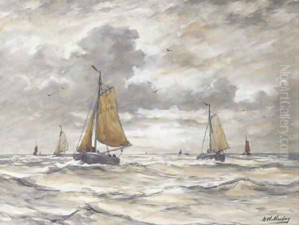 Bomschuiten near the coast of Scheveningen Oil Painting by Hendrik Willem Mesdag