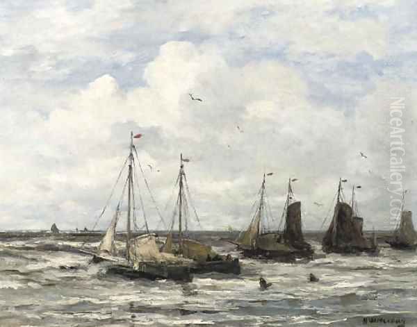 'Bomschuiten' in the surf Oil Painting by Hendrik Willem Mesdag