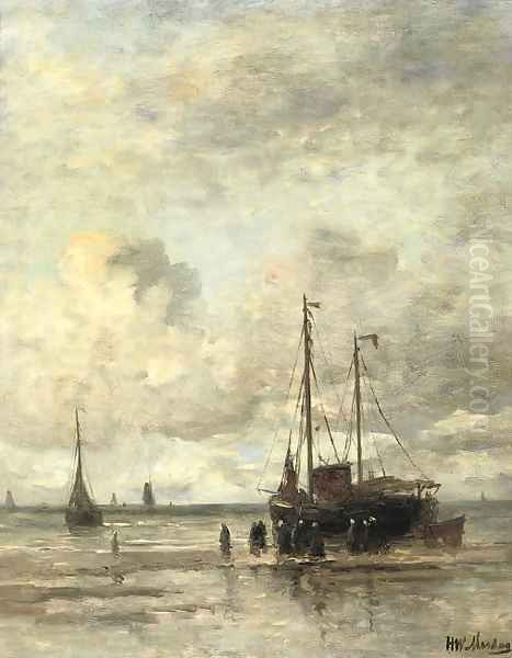 A 'Bomschuit' and fisherfolk in the surf Oil Painting by Hendrik Willem Mesdag