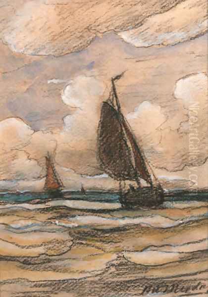 Bomschuiten at sea Oil Painting by Hendrik Willem Mesdag