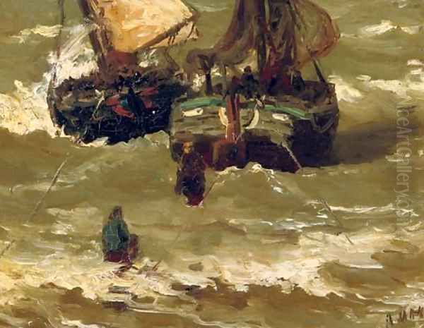 Bomschuiten in the surf Oil Painting by Hendrik Willem Mesdag