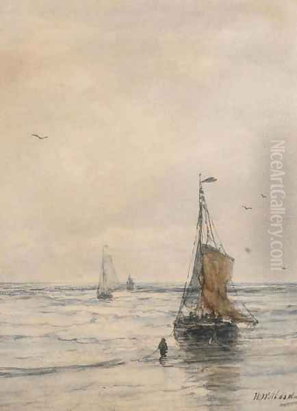 Bomschuiten in the surf 2 Oil Painting by Hendrik Willem Mesdag