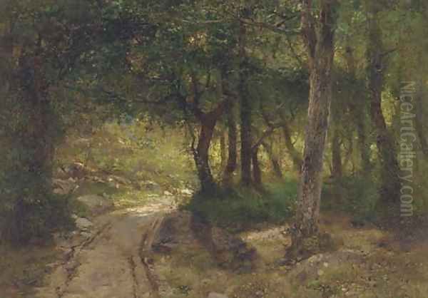 A track running through a sunlit glade Oil Painting by Francisco Masriera y Manovens