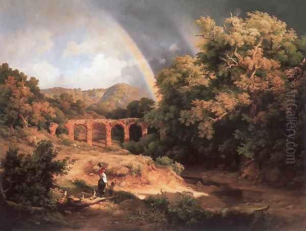 Italian Landscape with Viaduct and Rainbow 1838 Oil Painting by Karoly, the Elder Marko