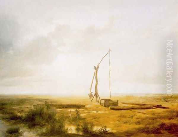 View of the Great Hungarian Plain with Draw Well 1853 Oil Painting by Karoly, the Elder Marko