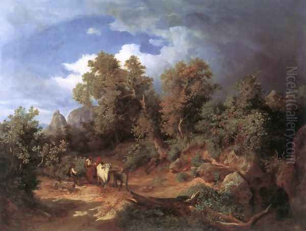 Landscape with Oxcart 1851 Oil Painting by Karoly, the Elder Marko