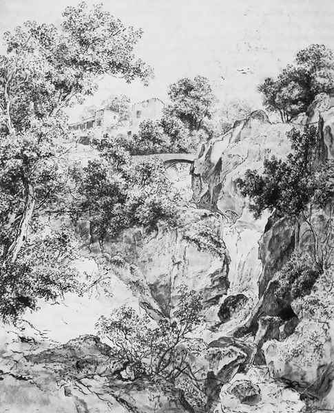 Landscape with Waterfall 1840s Oil Painting by Karoly, the Elder Marko