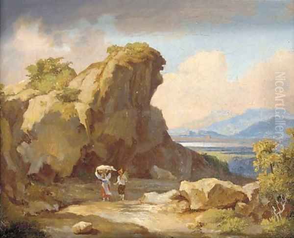 Travellers in an Italian landscape Oil Painting by Karoly, the Elder Marko