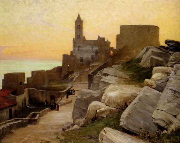 Mediterranean Village At Sunset Oil Painting by Alexander Mann