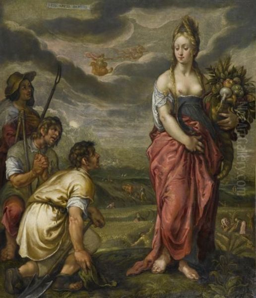 Allegory Of Summer - The Goddess
 Of Fertility - Ceres - Being Honoured By Farmers: Honoratio Cereris Oil Painting by Hendrick Goltzius