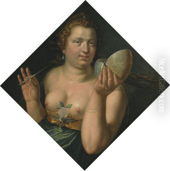 An Allegroical Female Figure, Probably Pictura, Holding Apaintbrush And Nautilus Shell Oil Painting by Hendrick Goltzius