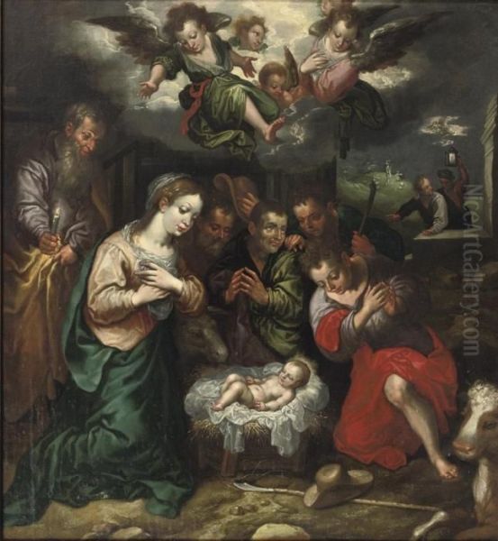 The Adoration Of The Shepherds With The Annunciation To The Shepherds Beyond Oil Painting by Hendrick Goltzius