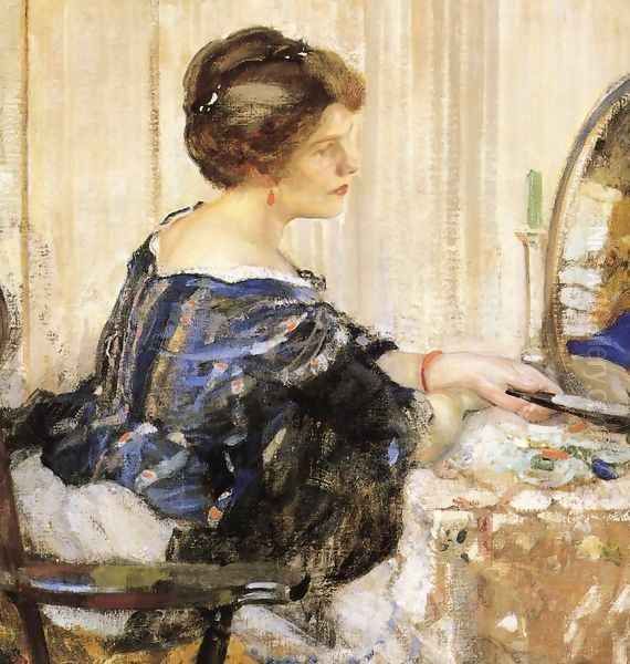 Woman in Blue Seated at a Dressing Table Oil Painting by Richard Emil Miller