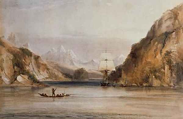 HMS Beagle in the Murray Narrows Beagle Channel Oil Painting by Conrad Martens