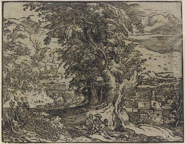 Landscape With Trees And A Shepherd Couple (bartsch 243; Hollstein 379; Strauss 409) Oil Painting by Hendrick Goltzius