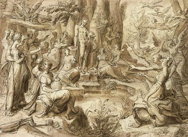 Apollo At The Castilian Spring Oil Painting by Hendrick Goltzius