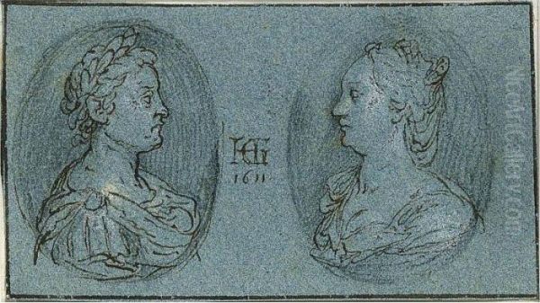 Study For A Pair Of Oval Portrait Medallions Of A Couple In Antique Attire Oil Painting by Hendrick Goltzius