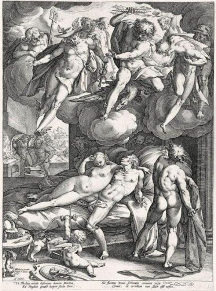 Mars And Venus Surprised By Vulcan (holl.137) Oil Painting by Hendrick Goltzius