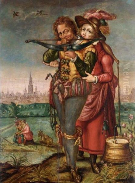 A Crossbowman And A Maid In A Landscape Before A Town Oil Painting by Hendrick Goltzius