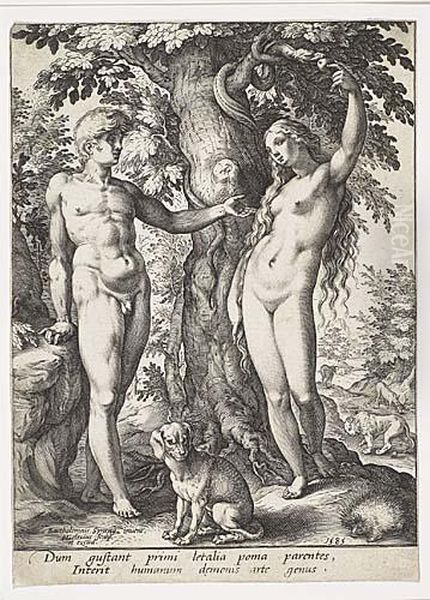 Adam And Eve Oil Painting by Hendrick Goltzius