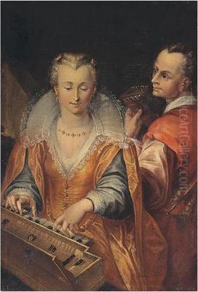 The Sense Of Hearing - Interior With A Woman And Man Playing Music Oil Painting by Hendrick Goltzius