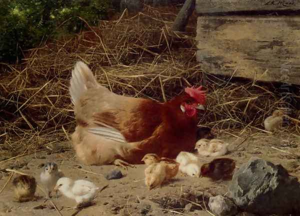 A Hen And Chickens Oil Painting by Eugene Remy Maes